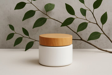 Minimalist Cosmetic Jar with Wooden Lid Against Concrete and Greenery Background – Clean Natural Beauty Aesthetic