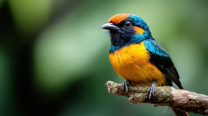 Fototapeta premium A striking close-up of a colorful bird with vibrant feathers perched on a branch, showcasing nature's beauty and the intricate details in its plumage and expression.