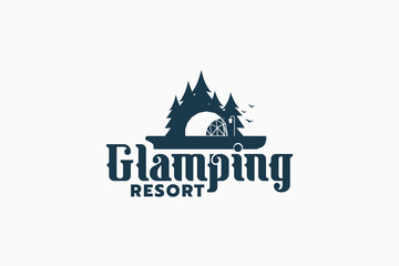 Obraz premium Glamping resort logo with a combination of pine forest and luxury tent. It is good for outdoor activity business, rental, travel, etc.