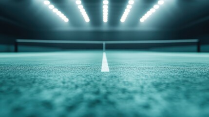 A low-angle view of a tennis court floor illuminated by bright overhead lights, showcasing the vibrant blue surface and inviting atmosphere of sports and competition.