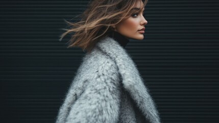 A side profile of a fashionable woman wearing a luxurious grey coat, with her hair flowing in the wind, against a sleek dark background that enhances her elegance.