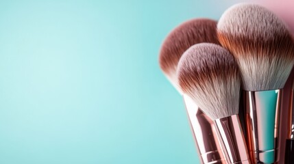 A set of beautiful makeup brushes elegantly arranged against a soft pastel background, showcasing artistry and beauty with a touch of modern flair.
