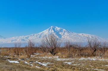 Mount Ararat in winter scenic view (Vosketap, Armenia)  