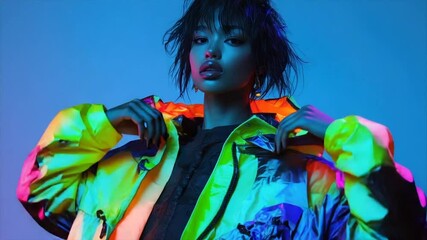 A model poses in a vibrant, iridescent jacket under colorful studio lighting - Powered by Adobe