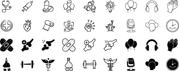 Obraz premium Black and White Hand Drawn Icons Set Medical Health Wellness Ideas