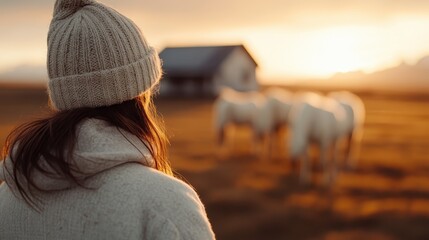 A serene moment captured as a person gazes at silhouetted horses against a beautiful sunset, evoking a sense of tranquility, nature, and connection to the outdoors.