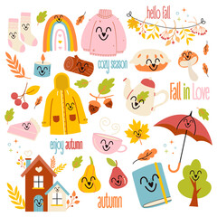 Autumn kawaii elements pack. Autumn clipart