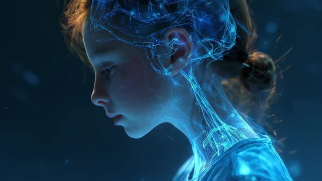 Glowing neural network illuminating intricate nerve connections within young girl's brain and body, representing complex neurological interactions and potential communication challenges