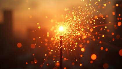 Fototapeta premium Lamp Post with Golden Light and Bokeh Effect Glowing