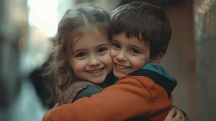 Two happy children sharing warm hug and close embrace outdoors, smiling with friendship and affection in joyful moment of happiness - Powered by Adobe