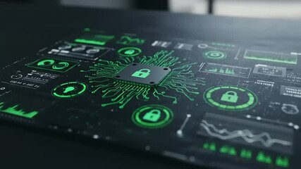 Digital security interface showcasing data protection elements with green graphics on a dark background - Powered by Adobe