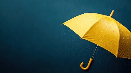 A colorful yellow umbrella stands out against a deep blue background, embodying a joyful and optimistic vibe amidst the rainy weather, showcasing color contrast and emotion.