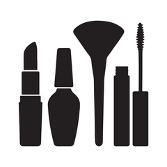 Makeup item set silhouette vector illustration on white background. Makeup kit silhouette design.