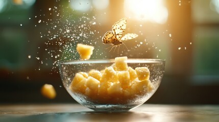 A vivid moment where a butterfly captures the essence of freshness while hovering above a bowl of cut pineapple, evoking feelings of nature and joyful spontaneity.