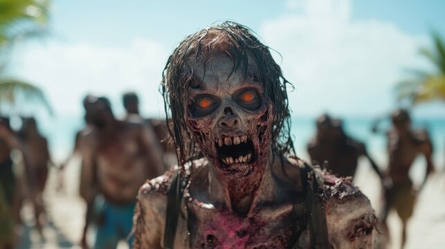 A grotesque zombie with hollow eyes emerges from the sunlit beach, creating a striking contrast between horror and the vibrant, serene backdrop of a tropical paradise.