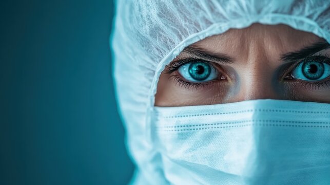 A striking portrait of a medical professional wearing a protective suit and mask, showcasing their focused expression and commitment to health and safety.
