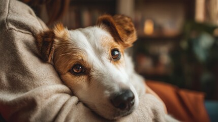 Obraz premium A close-up of a small brown and white mixed-breed dog resting in a person's arms. 