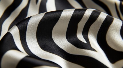 Close-up of a silky fabric with a black and white zebra stripe pattern. The texture is smooth and glossy, showcasing the contrasting colors vividly.