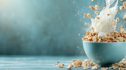 A dynamic shot of milk splashing over crispy breakfast cereal, capturing the fun and excitement of a wholesome breakfast experience, perfect for food enthusiasts.