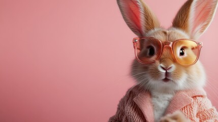 An adorable bunny sporting stylish glasses and a fashionable outfit against a cheerful pink backdrop, representing playfulness and charm in animal photography.