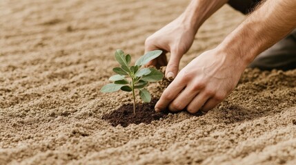 A person plants a small green seedling in sandy soil. The hands are focused on nurturing the young plant, symbolizing growth and sustainability.
