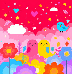 Valentine's Day background with cute cartoon birds, flowers, and clouds in pink, red, and yellow colors, in a flat design style