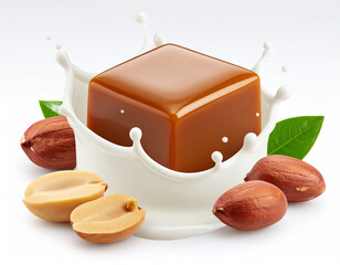 dark brown caramel cube with milk and peanuts surrounded white background 