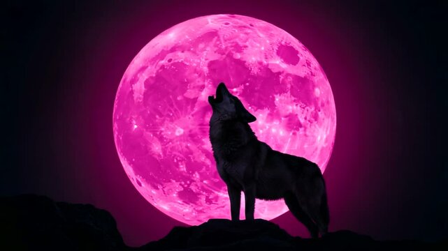 A lone wolf howling under a vibrant pink full moon against a dark sky backdrop
