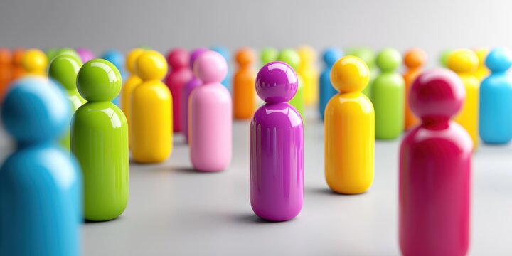 A group of colorful people are standing in a line, with one person in the middle. The people are all different colors, and they are all lined up next to each other