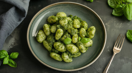 nhoque de couve com pesto feito na hora, servido em um prato de cer&acirc;mica estiloso