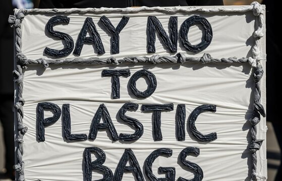 “Say No to Plastic Bags” designed with pieces of real plastic bags, turning waste into powerful art for International Plastic Bag Free Day.