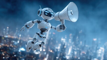 Futuristic robot announces message with megaphone