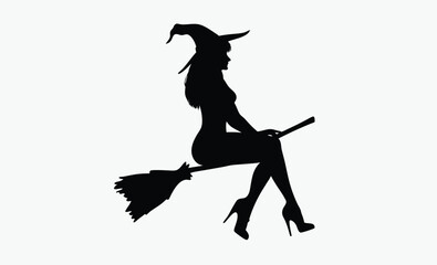Witch flying silhouette, broomstick halloween icon, striped stockings vector, spooky witch design
