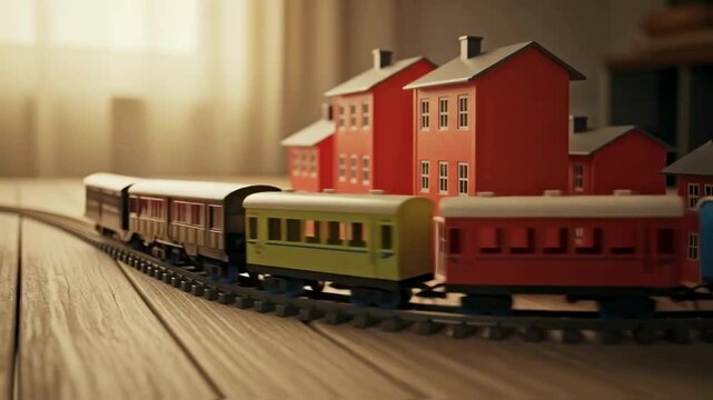 Colorful toy train chugs along tracks past miniature houses in a warmly lit, nostalgic setting, evoking childhood imagination, play, and the classic hobby of model railroading