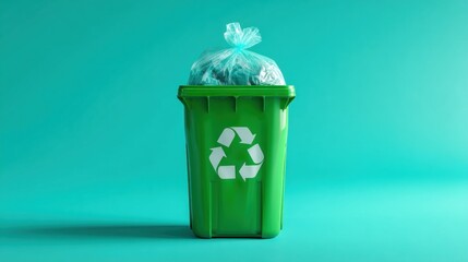Green recycling bin filled with waste