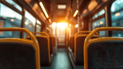 An interior view of an empty public transport bus, illuminated by a warm sunset glow, represents solitude, the passage of time, and urban exploration's quiet moments.