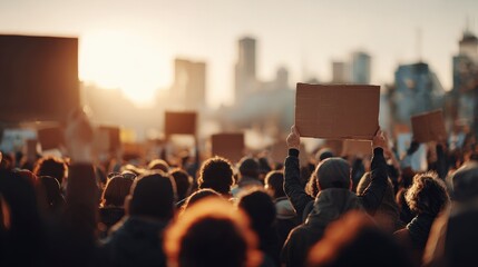 Crowd of diverse people holding blank signs during a protest at sunset. 