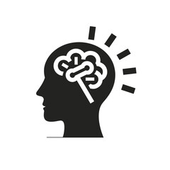 Human head profile with brain and lightbulb shows idea generation, used for blogs, websites, and education