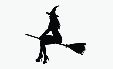 Witch flying silhouette, broomstick halloween icon, striped stockings vector, spooky witch design