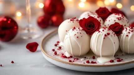 An exquisite display of white chocolate-covered red velvet truffles, decorated with roses and sprinkles, represents romantic indulgence and culinary artistry.