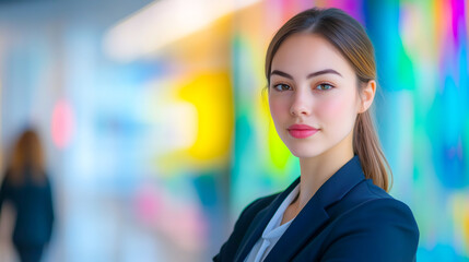 Naklejka premium Confident young woman in a professional outfit stands against a colorful background, symbolizing modern business success and innovation.
