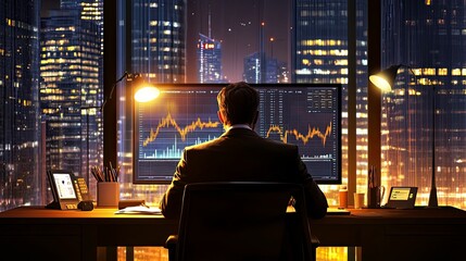 A businessman sits at a desk, viewing stock market data on a computer screen in a modern office overlooking a night cityscape