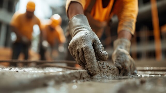 Three construction workers are skillfully laying fresh concrete in an outdoor construction site, showcasing teamwork, commitment, and the essence of hard work in progress.