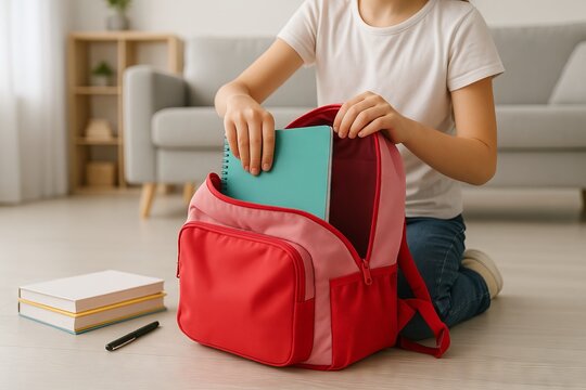 Girl preparing for school at home, packing a red backpack with notebooks and supplies. concept of back to school preparation, organization, academic readiness.