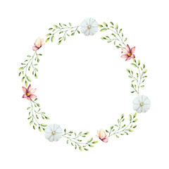 Spring flowers and branches with leaves, butterfly wreath, frame. Watercolor logo with gerbera, chamomile, echinacea. Hand drawn wildflower art isolated on background, transparent png. Botanical