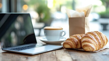 A cozy coffee shop scene featuring a laptop, a cup of cappuccino, and fresh croissants on a rustic wooden table, inviting relaxation and productivity in a vibrant atmosphere.