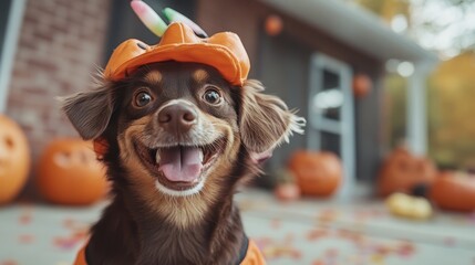 A joyful dog in a pumpkin costume sits amidst autumn decorations, embodying playful spirit and seasonal celebration perfect for Halloween festivities and pet lovers alike.
