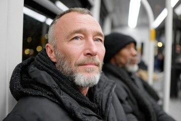 Obraz premium A reflective moment captured of a mature man inside a modern transit vehicle, showcasing wisdom and contemplation against a contemporary backdrop.