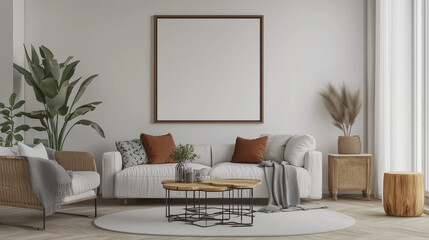 frame mockup iso a paper size living room wall poster mockup interior mockup with house background modern interior design 3d render