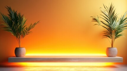 Obraz premium This serene image features lush green plants elegantly placed on a minimalistic shelf, illuminated by a warm glowing light that creates a peaceful atmosphere.